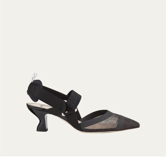 Fendi Colibrì — Black leather and mesh slingbacks medium heel. AUTHENTIC FENDI - Picture 10 of 13